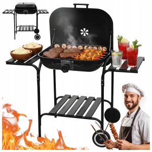 GRILL WĘGLOWY ZAMYKANY OGRODOWY DUŻY Z POKRYWĄ PÓŁKAMI REGULOWANY RUSZT