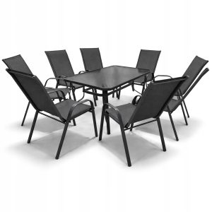 ZESTAW MEBLI OGRODOWYCH BALKON TARAS STÓŁ 140x80 +8x KRZESŁA MINORKA CZARNY